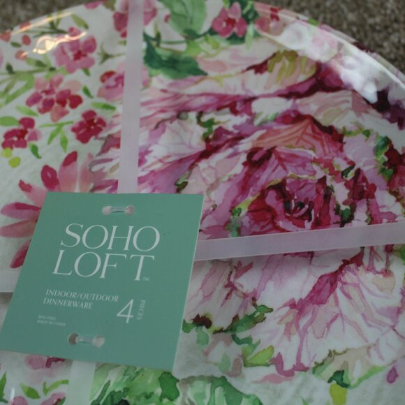 Soho Loft Pink Rose Floral Set of 4 Melamine 11" Dinner Plates White NWT RARE - Picture 2 of 4